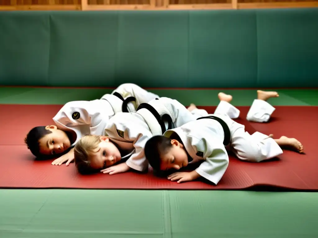 Niños practicando judo en tatami con ropa oficial, demostrando disciplina y energía en artes marciales para niños