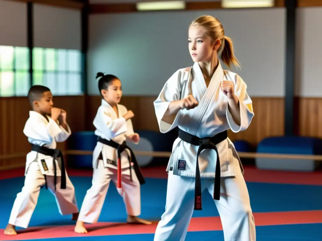 Niños practicando karate en un dojo iluminado, con un instructor atento