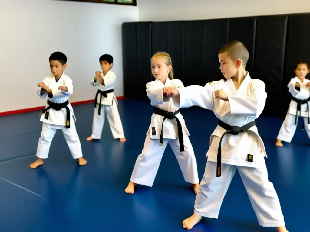 Niños aprendiendo técnicas de autodefensa con instructor experto en artes marciales, promoviendo empoderamiento y confianza