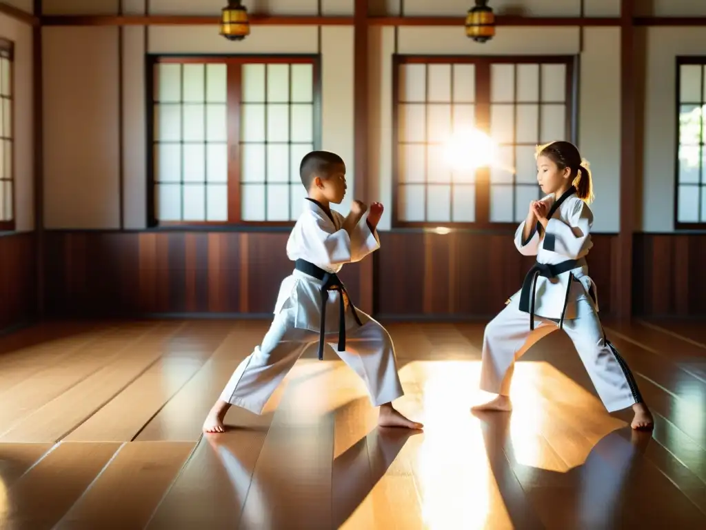 Niños en uniforme de karate practican en dojo tradicional, con luz solar y sombras dramáticas