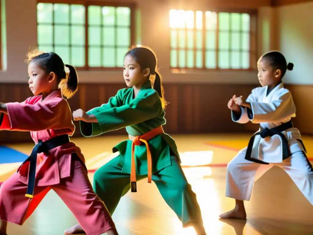 Niños en uniformes de artes marciales practican con determinación en un dojo soleado