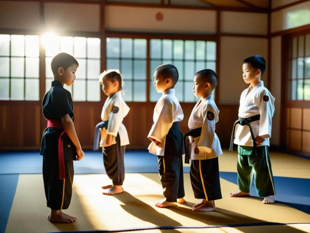 Niños en uniformes de artes marciales se inclinan ante su instructor en un dojo, demostrando disciplina y enfoque