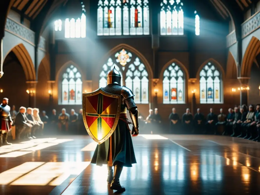 Un noble caballero practica artes marciales en un majestuoso salón medieval, asombrando a los presentes
