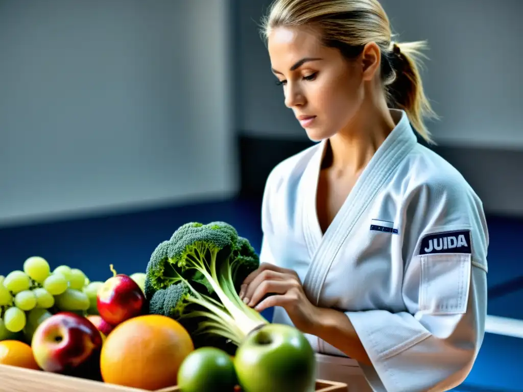 Nutricionista y judoka planifican detalladamente dieta para ganar masa muscular, rodeados de alimentos frescos y con determinación