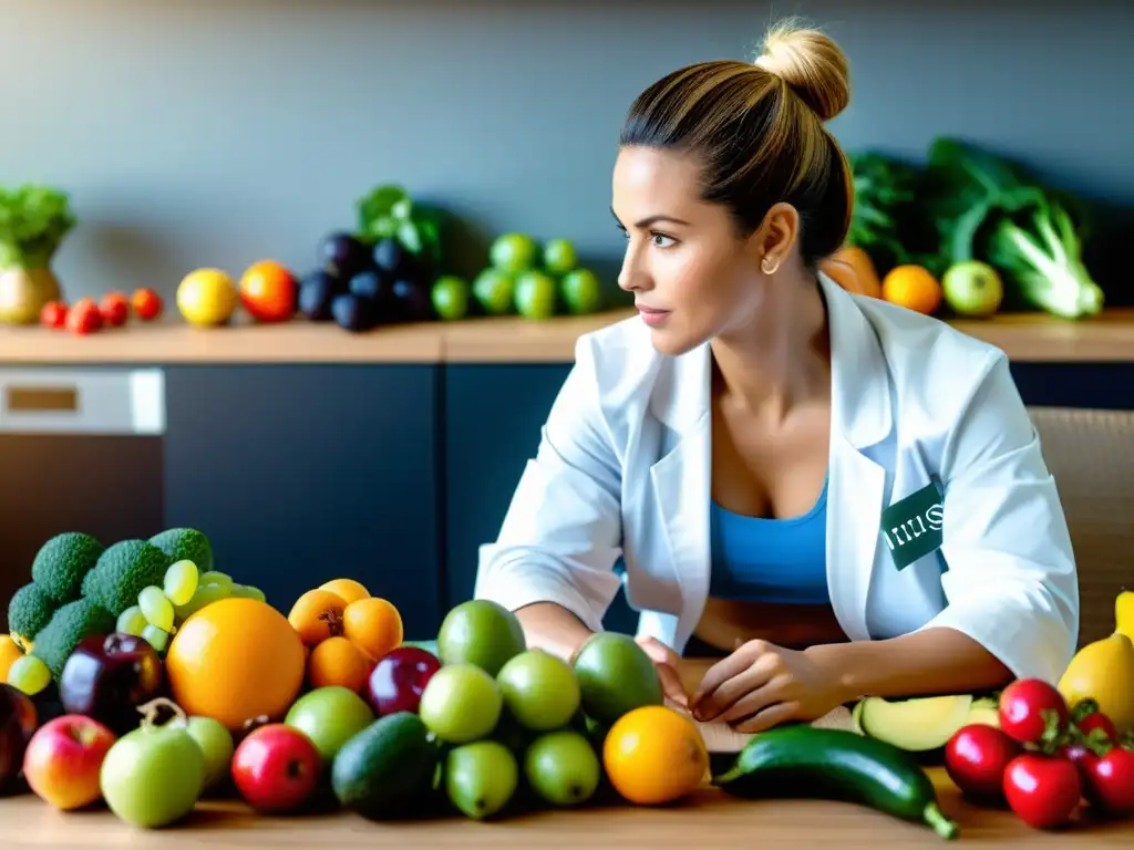 Nutricionista profesional planificando dieta para atletas de JiuJitsu Nutricionista planea dieta para practicantes de JiuJitsu Brasileño entre frutas y verduras de colores vibrantes en ambiente cálido y enfocado