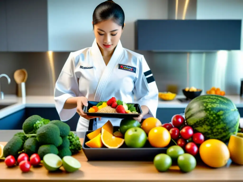 Nutricionista experta preparando guía de nutrición especializada Taekwondo con ingredientes frescos y vibrantes en cocina moderna