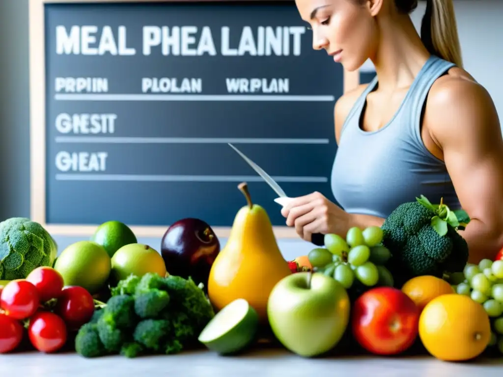 Una nutricionista crea un plan de comidas para atletas de esgrima y artes marciales, rodeada de ingredientes frescos