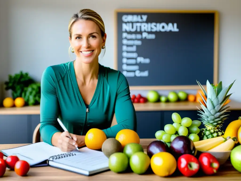 Nutricionista profesional planificando comidas para deportistas de combate con frutas, verduras y granos enteros