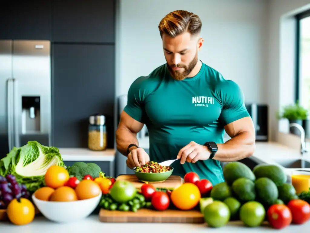 Un nutricionista profesional prepara con dedicación un plan de comidas para deportistas de combate, rodeado de ingredientes frescos y vibrantes