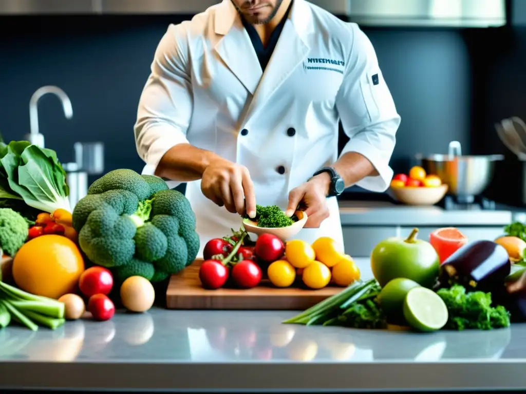 Un nutricionista profesional prepara con esmero una comida de recuperación postcombate, resaltando la importancia de las vitaminas