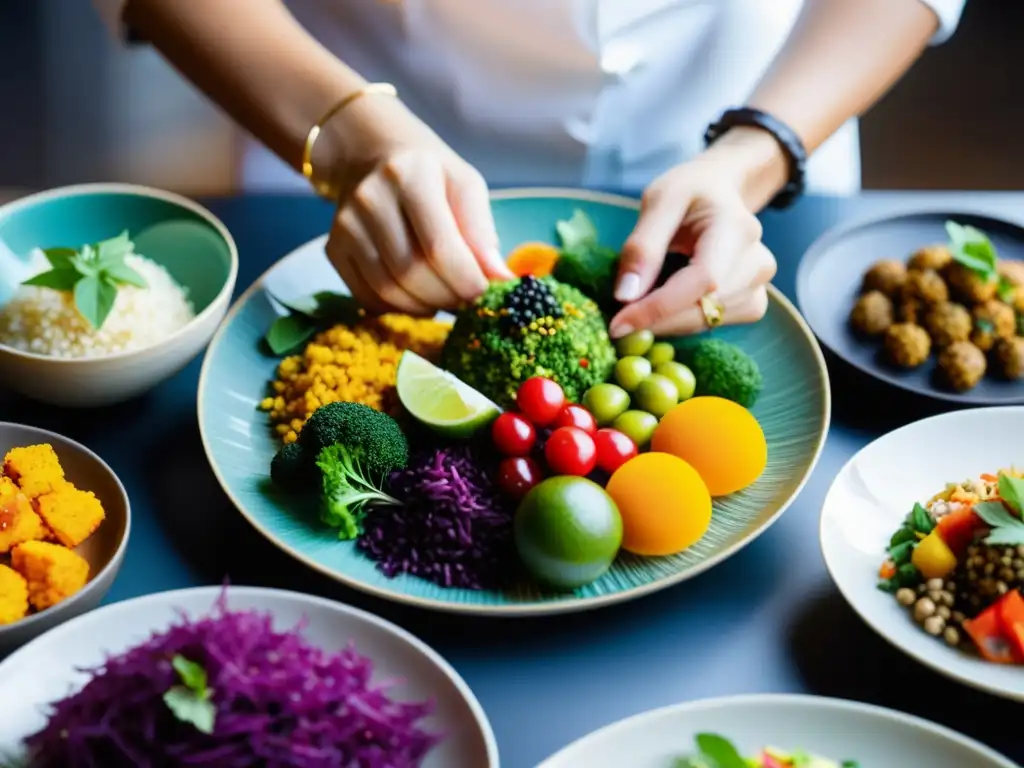 Una nutricionista profesional prepara con esmero una variedad de platos internacionales, mostrando texturas, colores y sabores