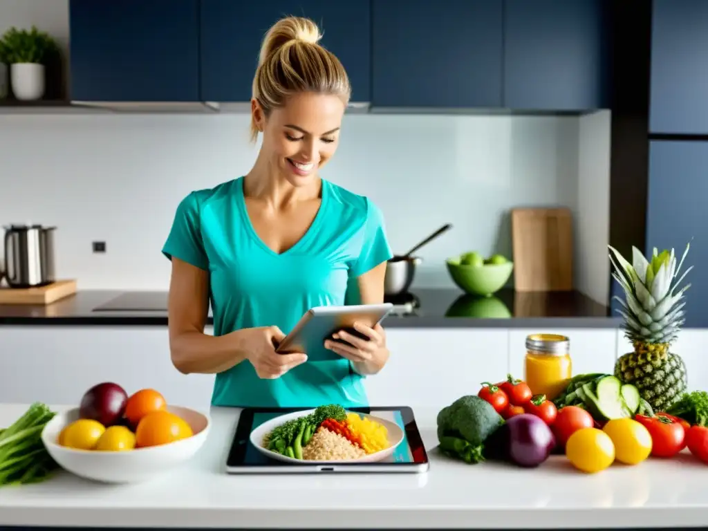 Un nutricionista profesional prepara recetas post entrenamiento artes marciales en una cocina moderna y bien iluminada, con ingredientes coloridos y nutritivos