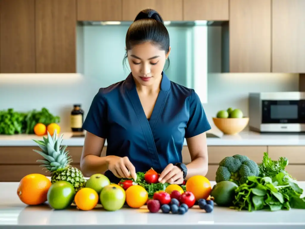 Una nutricionista profesional prepara una selección de frutas, verduras y suplementos en una cocina moderna, con vitaminas para desempeño en Taekwondo