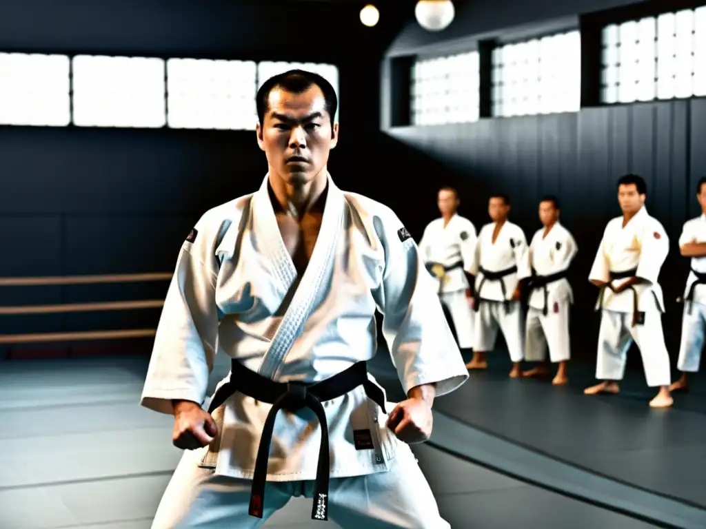 Mas Oyama en una poderosa postura durante una sesión de karate, demostrando su fuerza y determinación