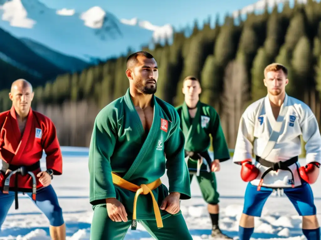 Un paisaje invernal en Rusia con atletas entrenando Sambo entre montañas nevadas y bosques de pinos