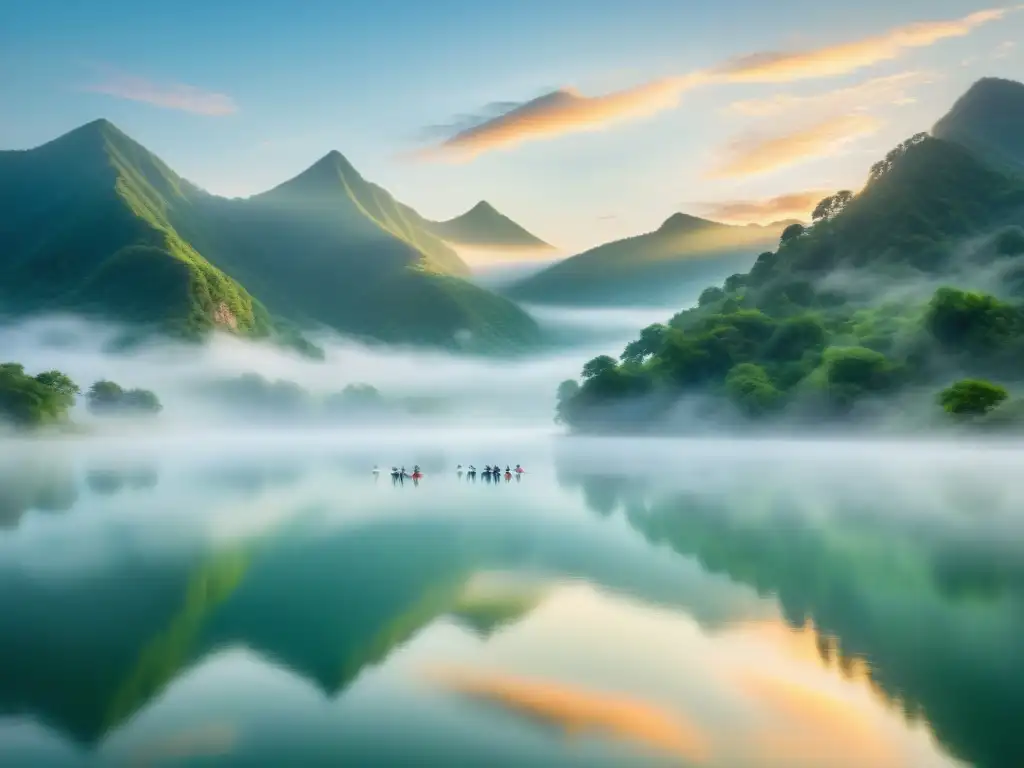 Práctica de Tai Chi al amanecer en un paisaje de montaña neblinoso y sereno, reflejando la armonía de Retiros de Tai Chi Lugares Pintorescos