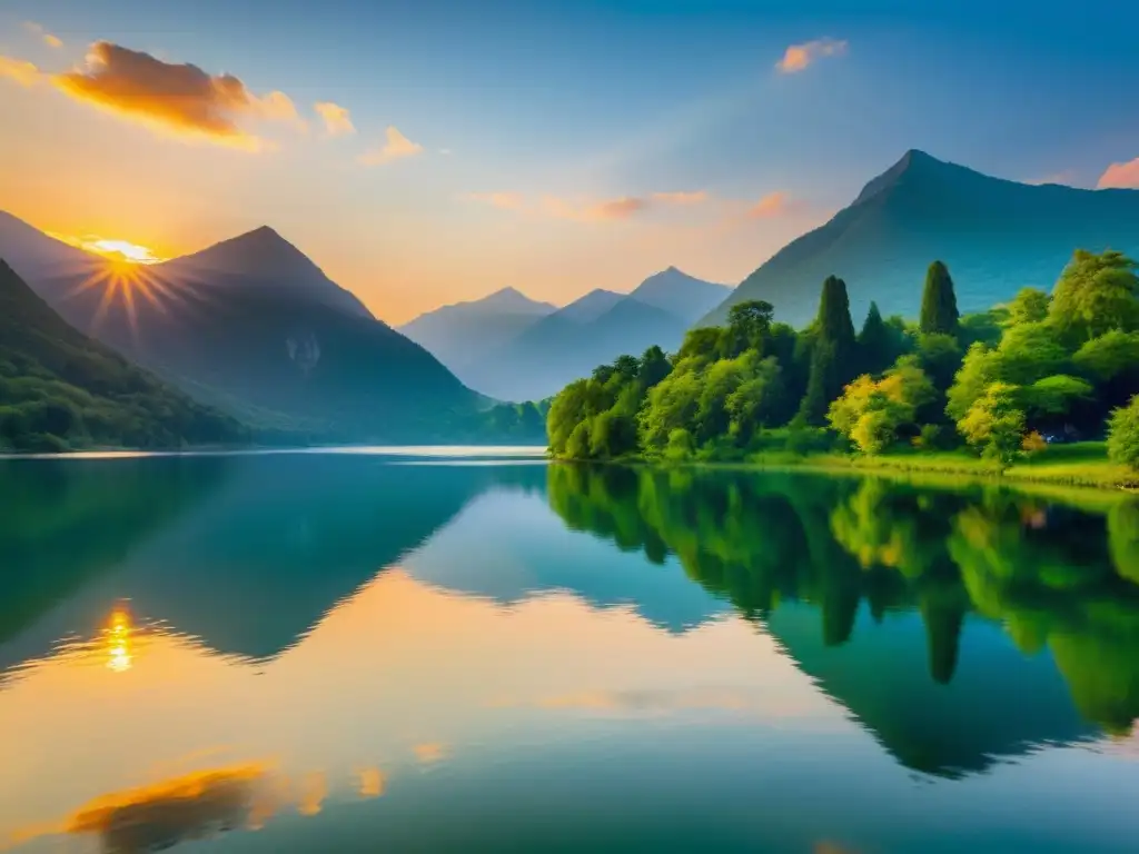 Un paisaje pintoresco y sereno con un lago tranquilo reflejando los colores vibrantes del atardecer