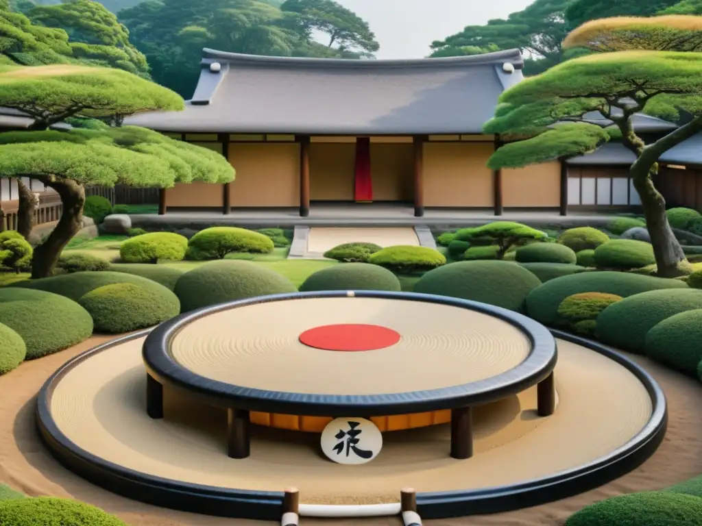 Un paisaje sereno de un dohyo de sumo en un jardín japonés, con luchadores en entrenamiento