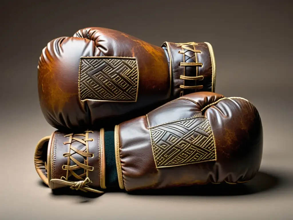 Un par de antiguos guantes de boxeo griegos de cuero, detallados y desgastados, evocando el origen histórico de los guantes de boxeo