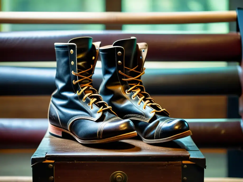 Un par de botas de boxeo vintage de cuero envejecido reposan en un taburete de madera en un gimnasio de boxeo escasamente iluminado