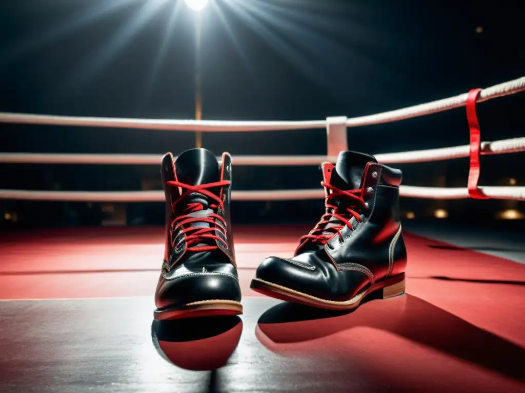 Un par de elegantes botas de boxeo de cuero negro con cordones rojos, iluminadas por un foco en el centro de un ring