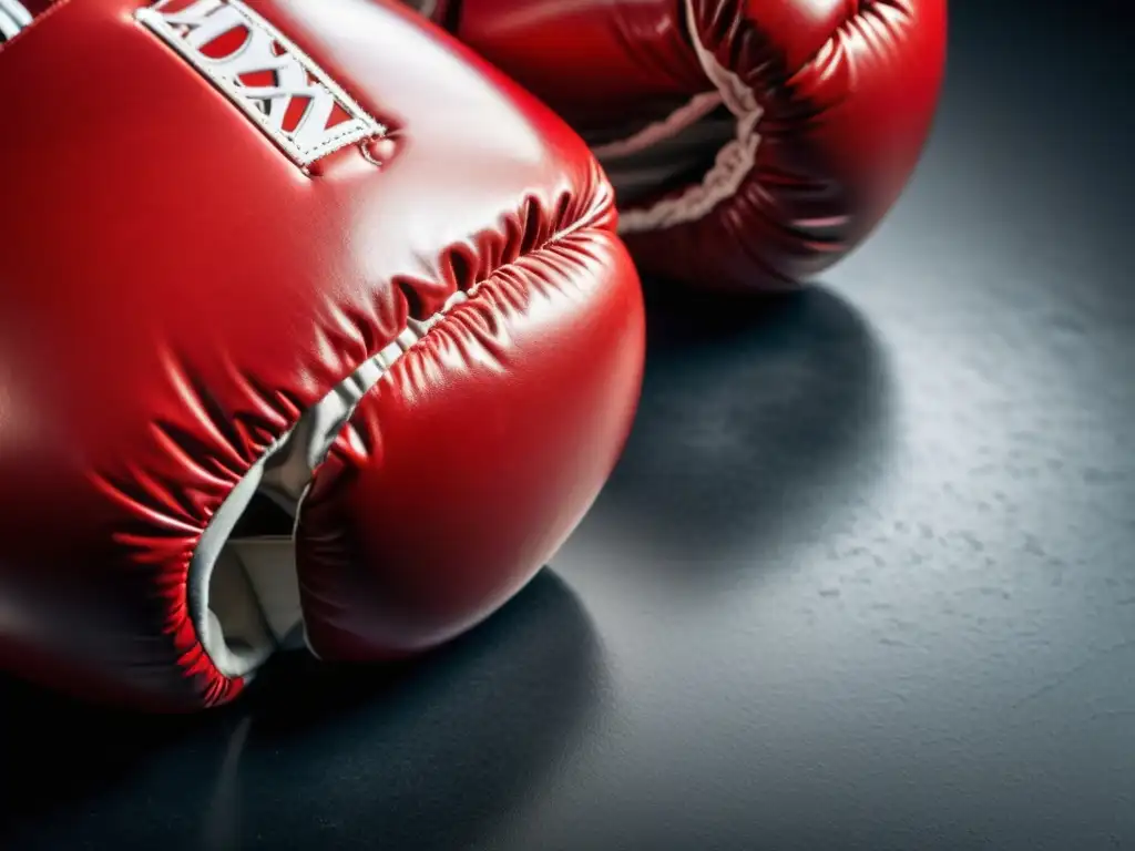 Guantes de boxeo rojos de cuero: poder y precisión Un par de elegantes guantes de boxeo rojos en una superficie oscura y áspera, con detalles de sudor y tiza