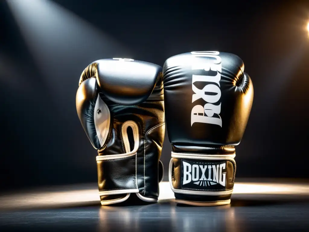 Un par de elegantes guantes de boxeo de cuero negro con detalles blancos, iluminados por un foco en un ambiente intenso y dramático