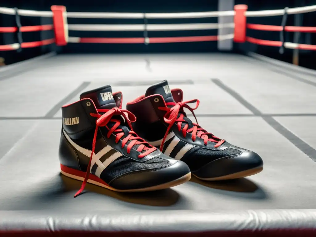 Un par de elegantes zapatos de boxeo negros con cordones rojos descansando en el desgastado lienzo de un ring de boxeo