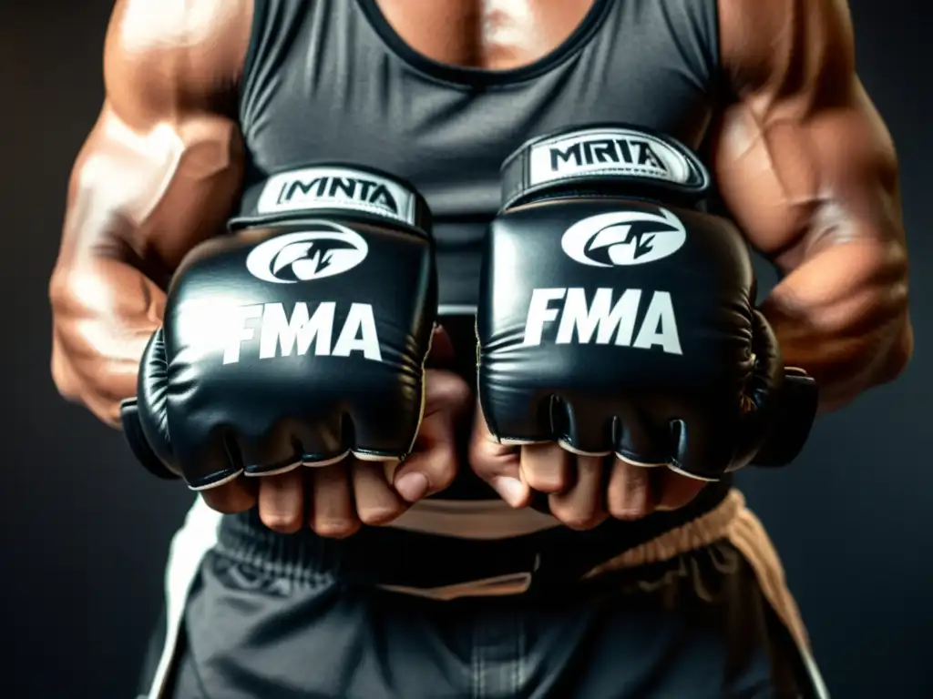 Un par de guantes de agarre para artes marciales de cuero negro, con costuras detalladas y acolchado reforzado alrededor de los nudillos