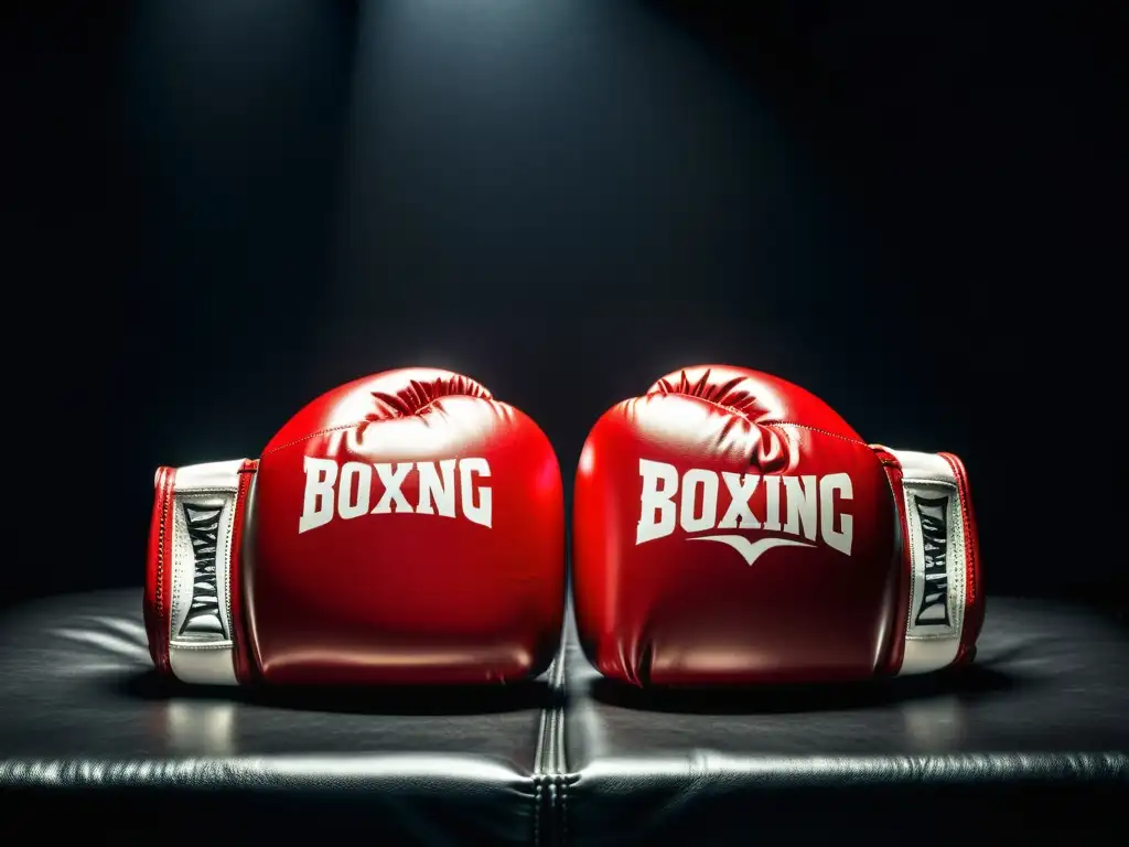 Un par de guantes de boxeo de competición de alta gama, detallados y elegantes, destacados contra un fondo oscuro y dramático