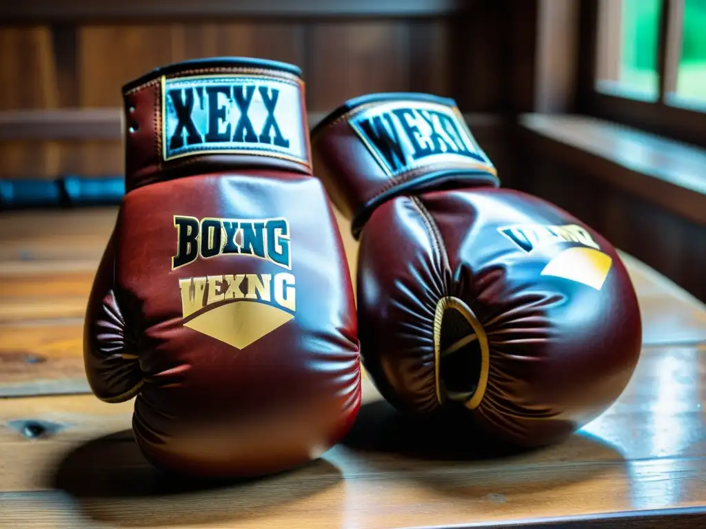 Un par de guantes de boxeo de cuero marrón en una mesa de madera