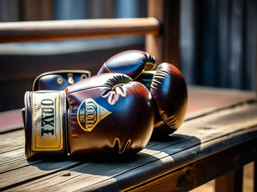 Un par de guantes de boxeo de cuero artesanales, desgastados, descansan sobre un banco en una antigua y sombría sala de boxeo