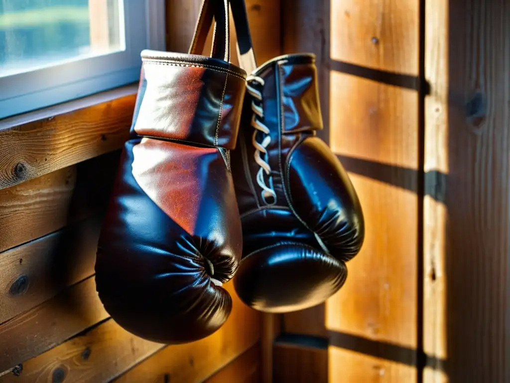 Un par de guantes de boxeo de cuero desgastados cuelgan de un clavo en una viga de madera envejecida, iluminados por la suave luz del sol