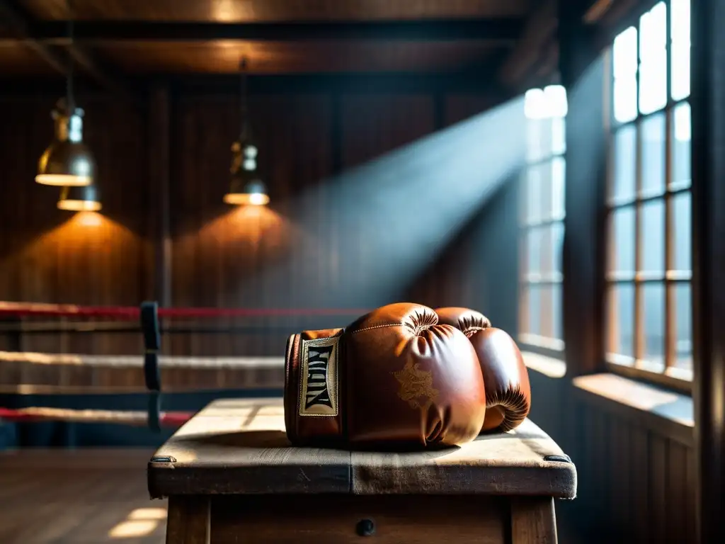 Guantes de boxeo desgastados en un gimnasio oscuro Un par de guantes de boxeo desgastados descansan en un viejo taburete de madera en un oscuro y auténtico gimnasio de boxeo
