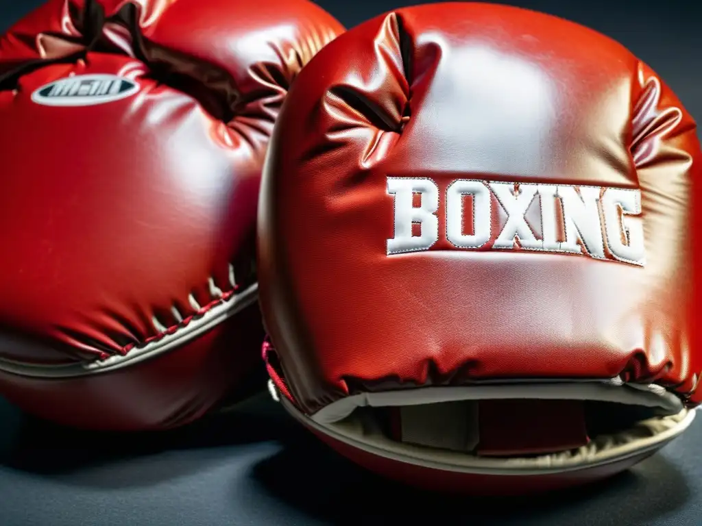 Un par de guantes de boxeo desgastados por el uso, con costuras detalladas, marcas y manchas de sudor