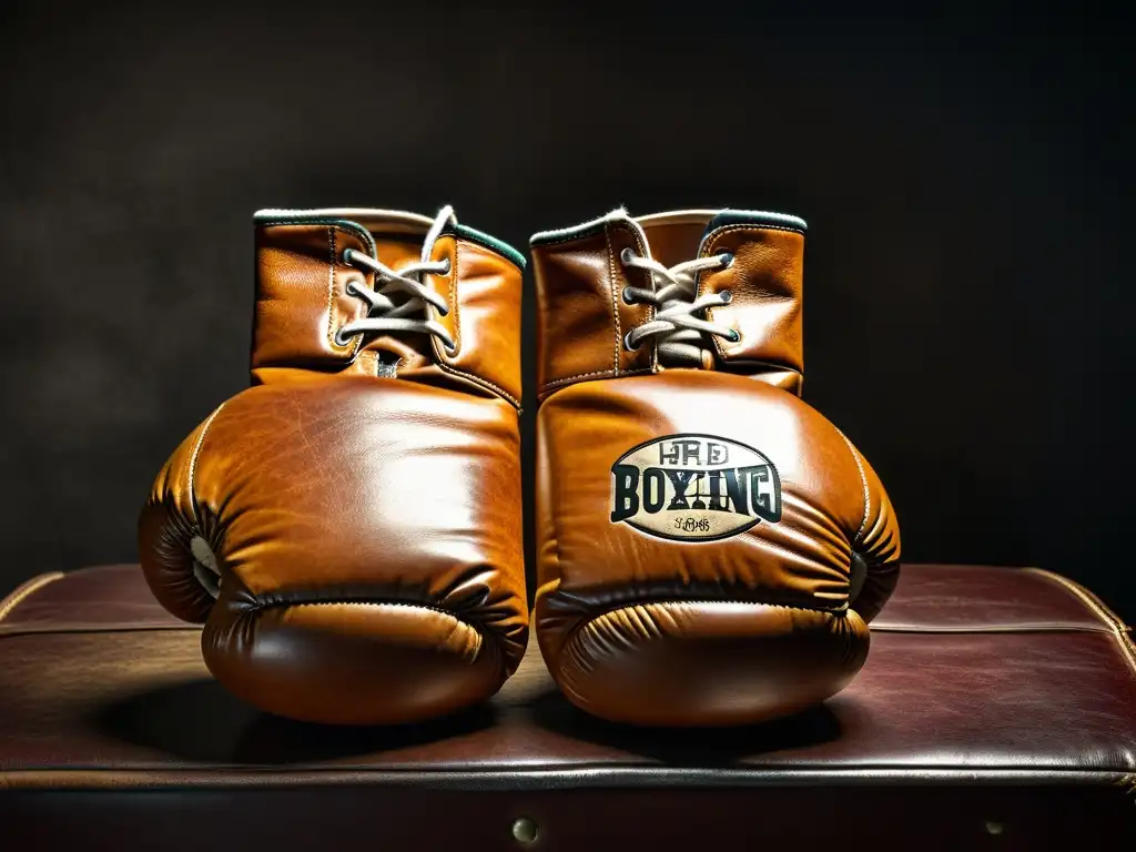 Par de guantes de boxeo con licencia vintage, exhibiendo el cuero desgastado, costuras intrincadas y logotipo desvanecido en un dramático fondo oscuro