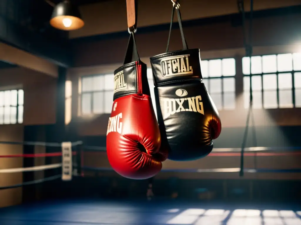 Un par de guantes de boxeo con licencia oficial cuelgan en un oscuro gimnasio de boxeo