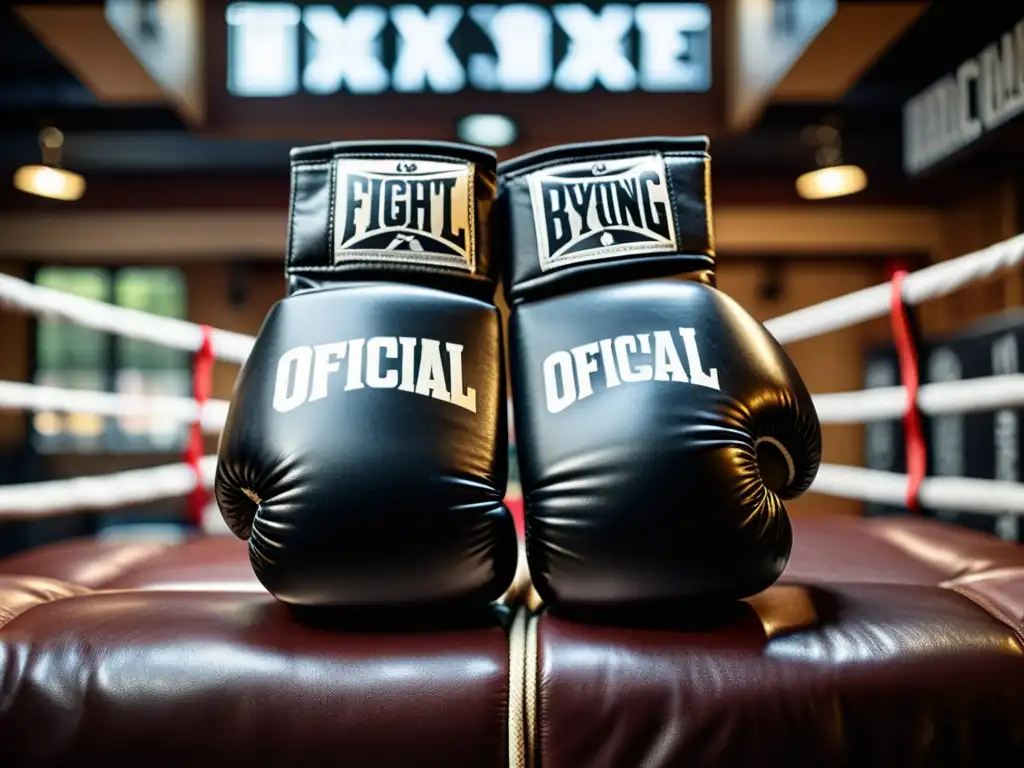 Un par de guantes de boxeo con licencia oficial, en un gimnasio de boxeo oscuro y auténtico