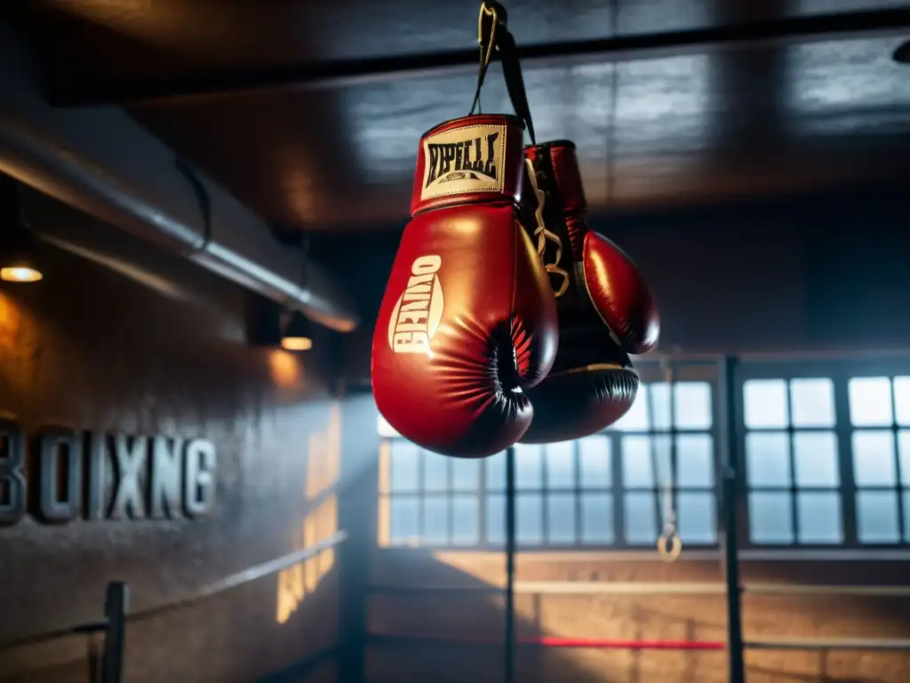 Un par de guantes de boxeo con licencia cuelgan en una atmósfera de gimnasio de boxeo, con detalles de desgaste y dramáticas sombras