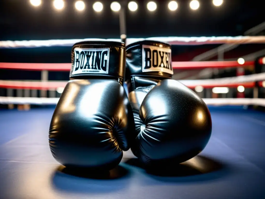 Guantes de boxeo negros: preparación intensa Un par de guantes de boxeo negro brillante, con gotas de sudor y agua, listos para la competencia en el cuadrilátero