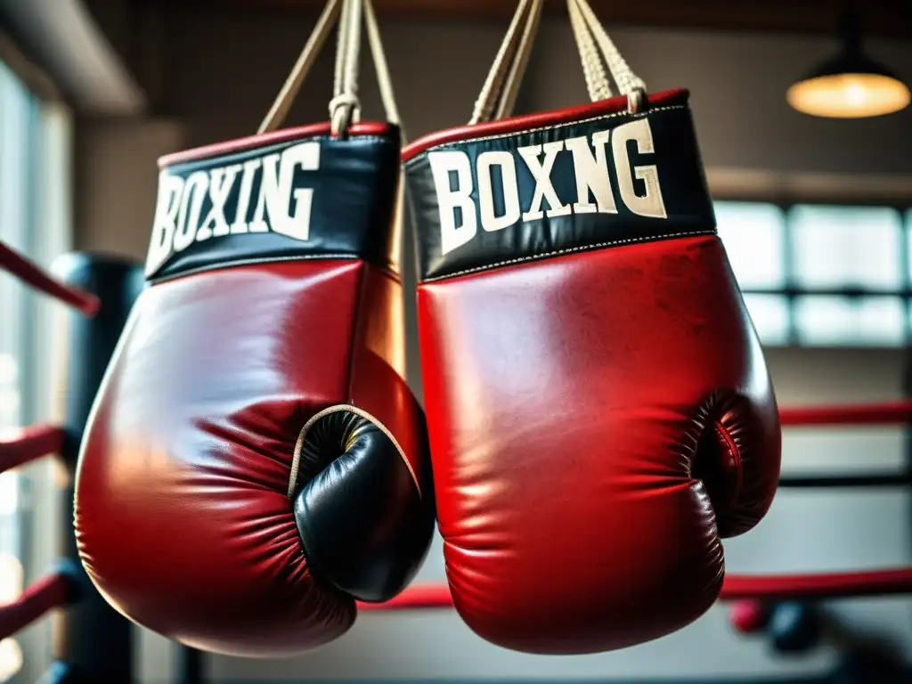 Par de guantes de boxeo de competición rojos y negros descansando sobre un saco vintage, transmitiendo la intensidad y dedicación del boxeador