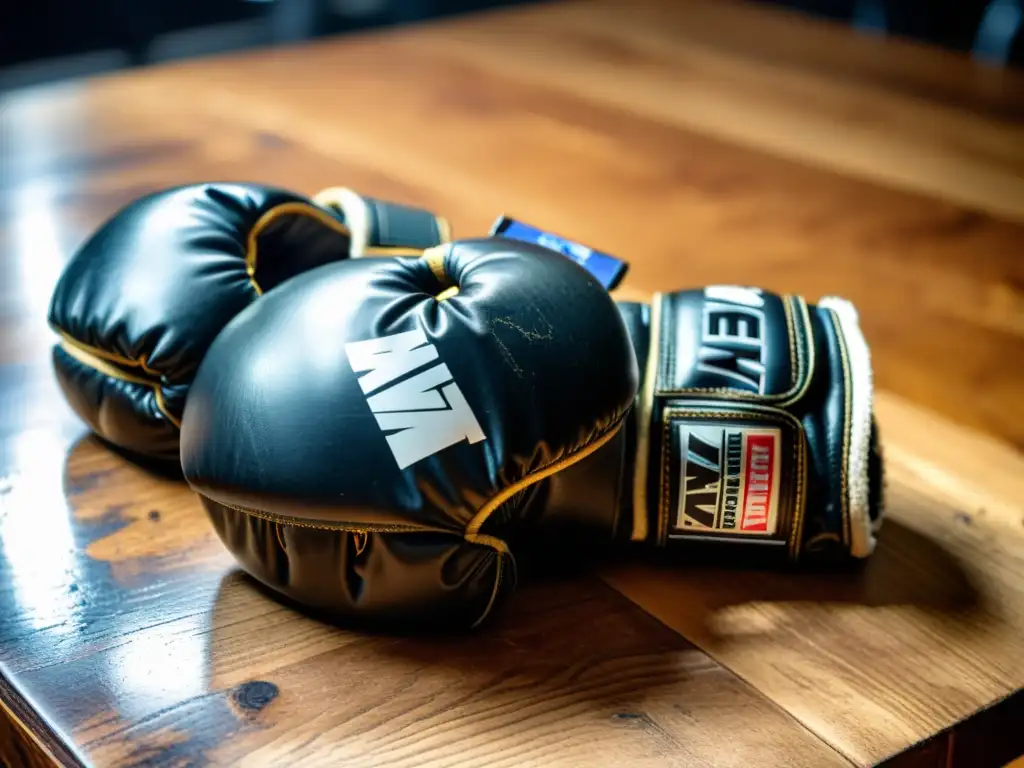 Par de guantes desgastados de MMA sobre mesa de madera, rodeados de equipo de MMA para principiantes, bañados en cálida luz natural