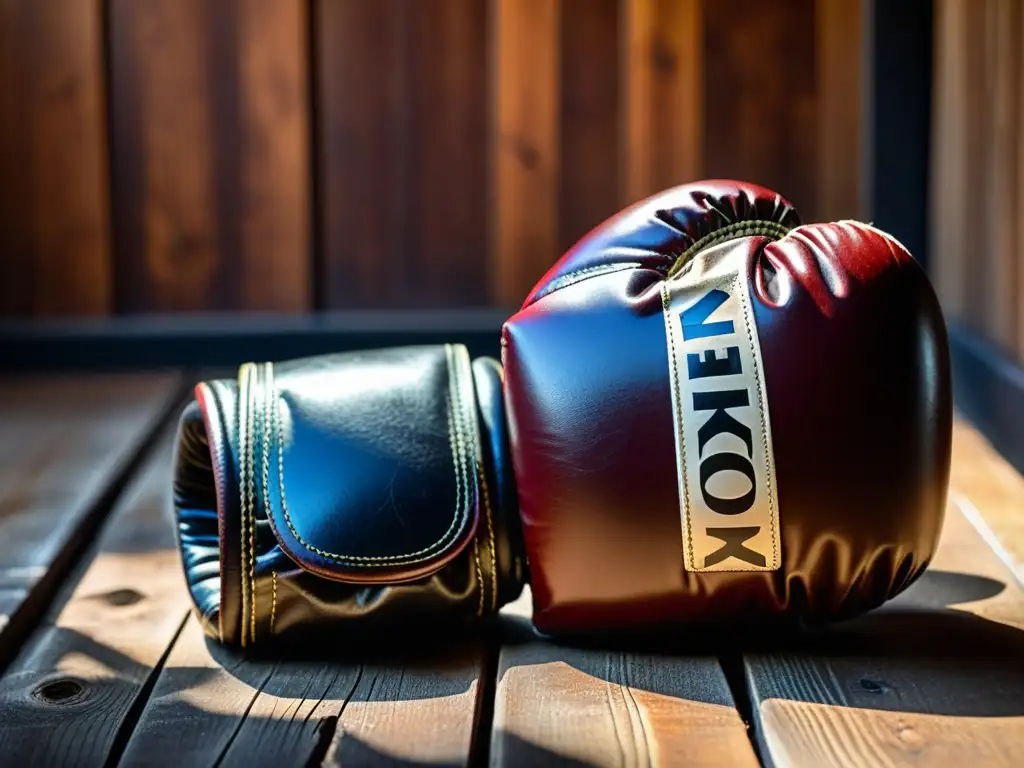 Un par de guantes de kickboxing desgastados descansan sobre un muñeco de entrenamiento de madera