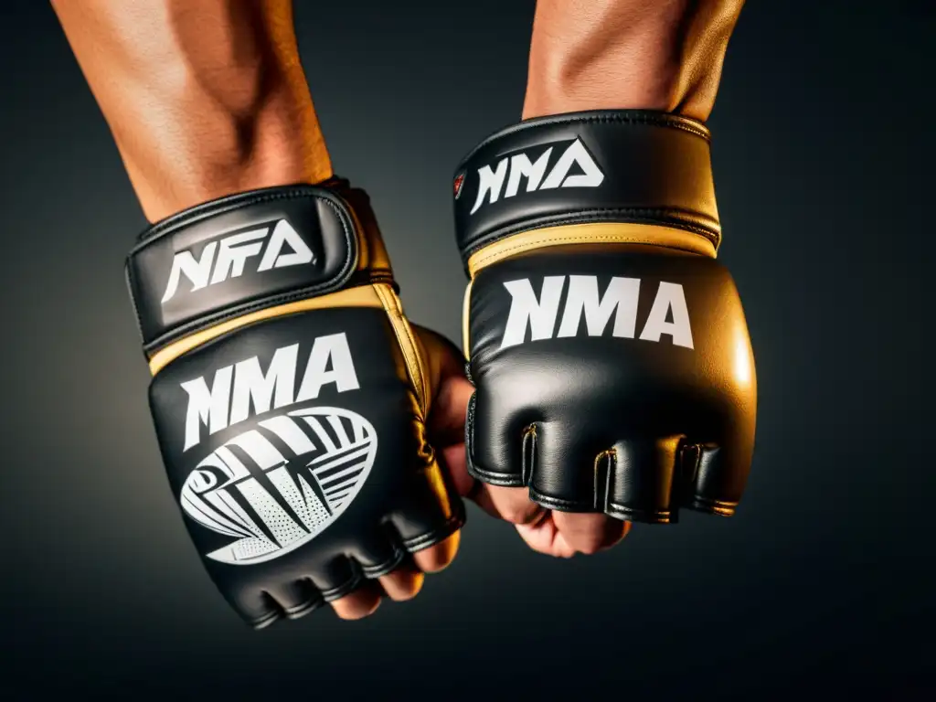 Un par de guantes de MMA adaptados estilo lucha, con diseño dinámico y ergonómico, destacados por la iluminación dramática sobre fondo oscuro