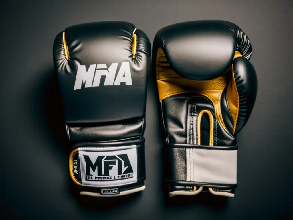 Un par de guantes MMA de alta calidad con diseño moderno y detalles intrincados, destacados por una iluminación dramática