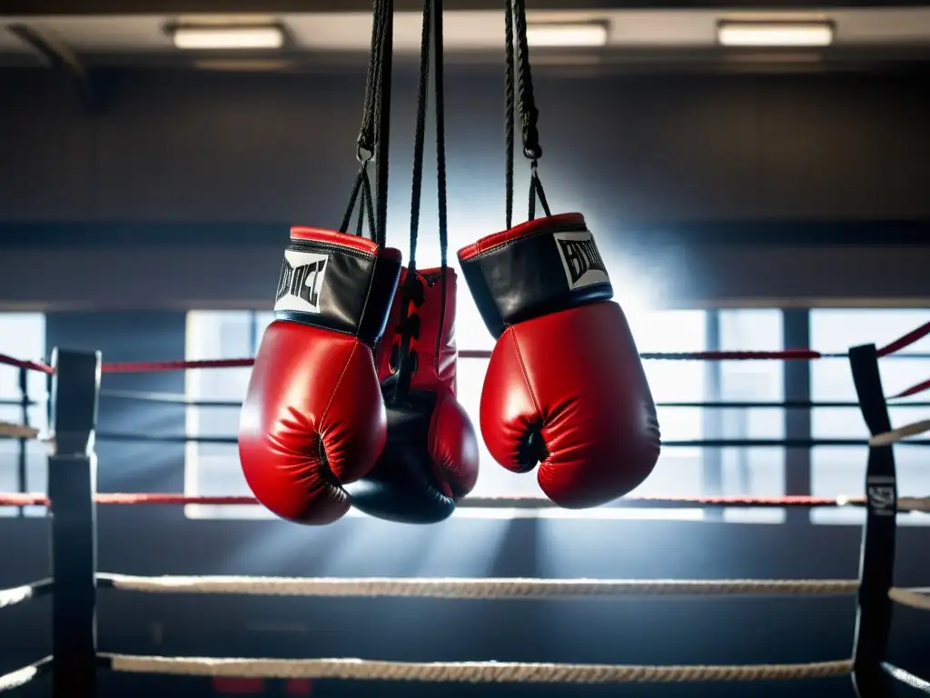 Par de guantes rojos y negros de kickboxing, desgastados por el intenso entrenamiento, cuelgan en el ring