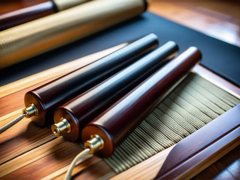 Par de nunchakus de madera desgastada descansando en un tatami de entrenamiento