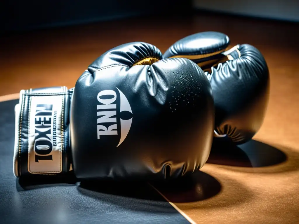 Guantes de boxeo premium en acción Par de mejores guantes de boxeo 2023 sobre bolsa de boxeo, con detalle en costuras y logo, en ambiente de gimnasio profesional