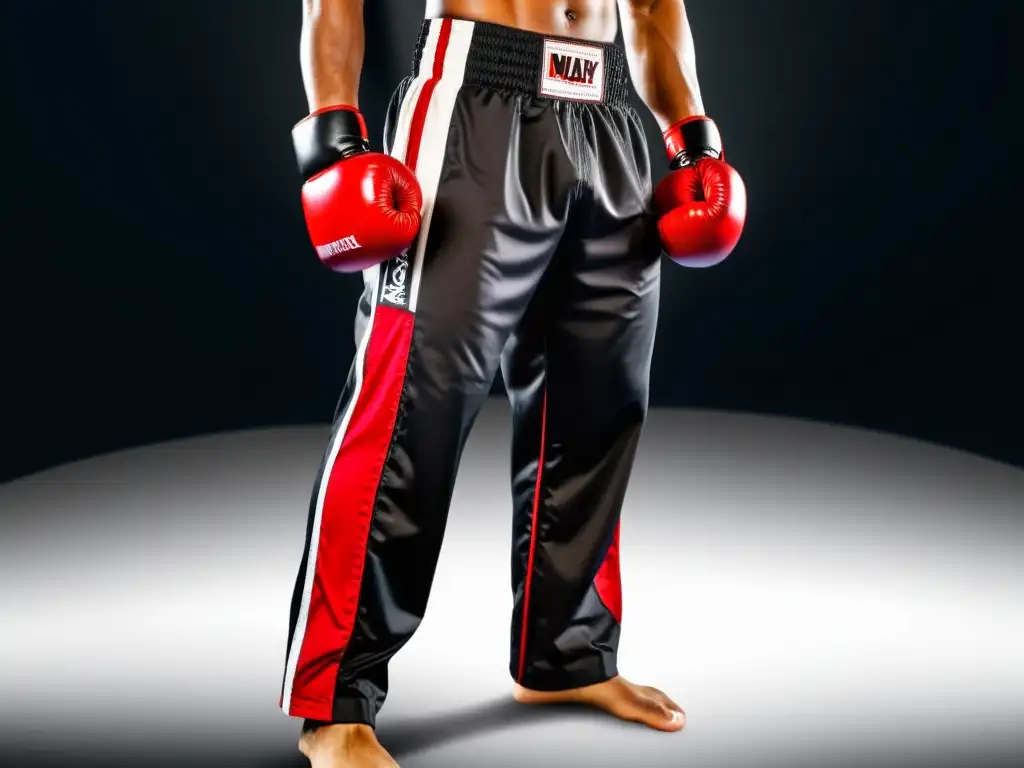 Un par de pantalones de kickboxing y Muay Thai en negro con detalles en rojo y blanco, resaltando la marca