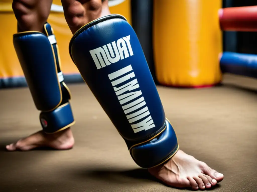 Un par de protectores de espinilla de Muay Thai desgastados, con detalles de costuras, marcas y manchas de sudor